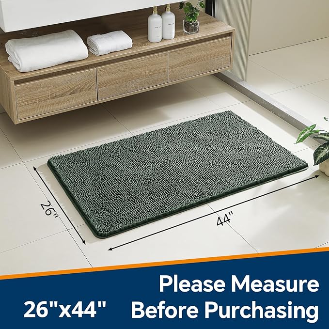 Hunter Green Bathroom Rugs 26"x44" - Thick Plush Chenille Non-Slip Bath Mat - Absorbent, Washable, Soft Decor for Sink, Shower, Tub, Kitchen, Vanity, Home Accessories