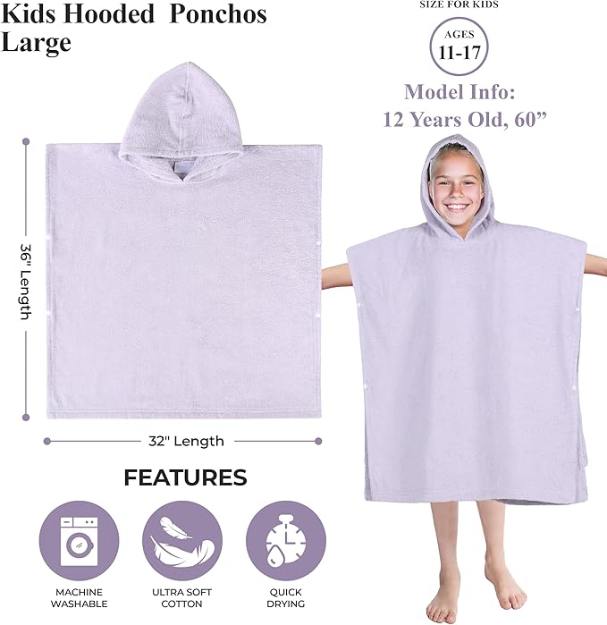 Superior Kids Cotton Terry Poncho, Soft, Absorbent Bath Towel with Hood, Bathroom Accessories, Long, Plush Bathrobes for Bath, Shower, Spa, Resort, Hotel, Beach, Pool, Boy, Girl, Large Size, Lilac