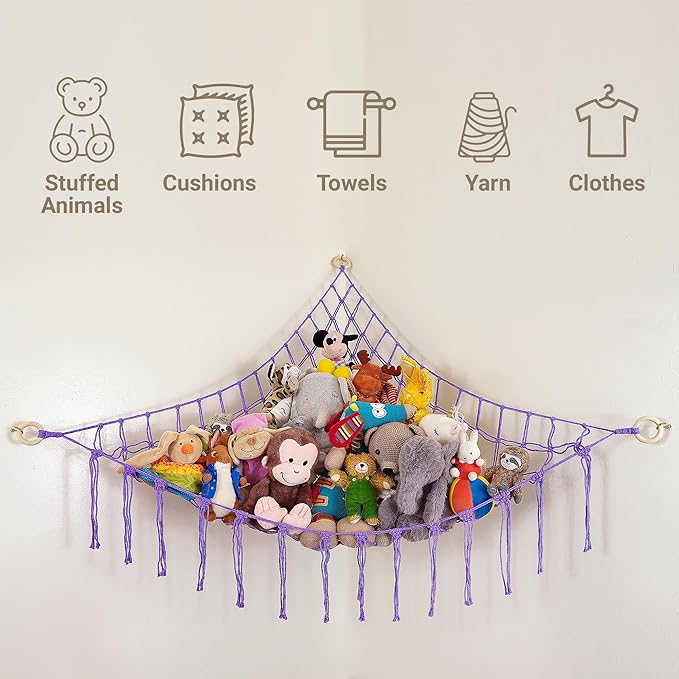 Large Stuffed Animal Hammock Corner - Stuffed Animal Storage - 100% Natural Cotton Macrame Stuffed Animal Net - Stuff Animal Organizer - Net For Stuffed Animals Corner Large - Purple