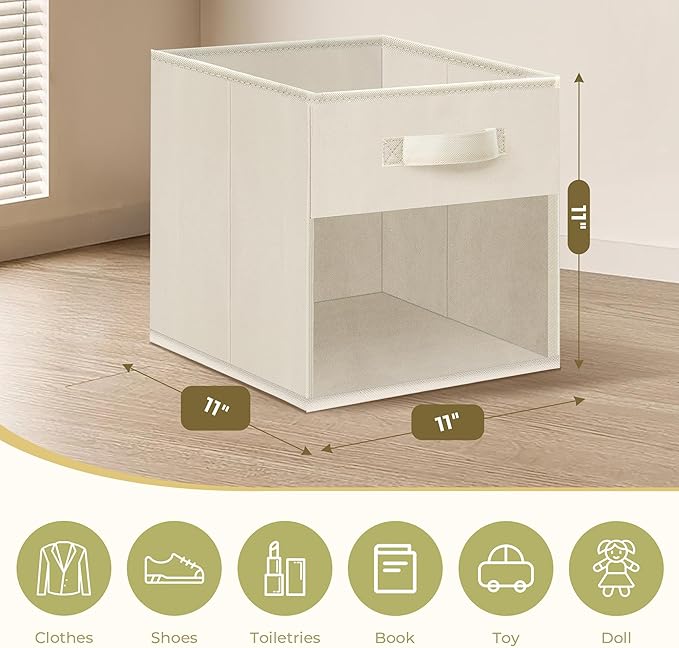 Storage Bins with Clear Window, 11x11 Storage Cubes, Collapsible Cube Storage Box, Fabric Closet Organizers with Handles for Home, Office, Shelf, Closets, Living Room, Beige, 6 Pack