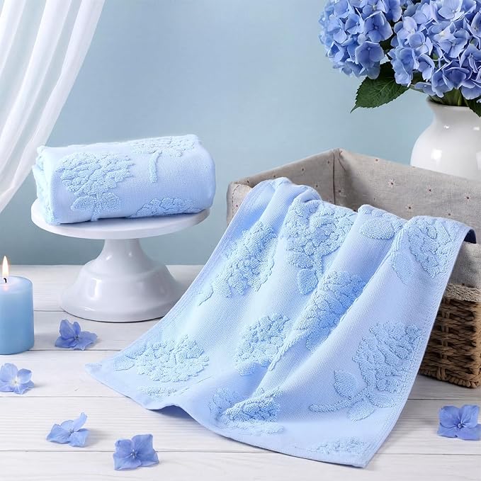 2 Pcs Blue Hydrangea Hand Towels for Bathroom Blue Hydrangea 100% Cotton Jacquard Weave Bath Towel Set Soft Absorbent Washcloth for Bathroom Kitchen Summer Theme Gifts 13.8 x 29.5 Inch