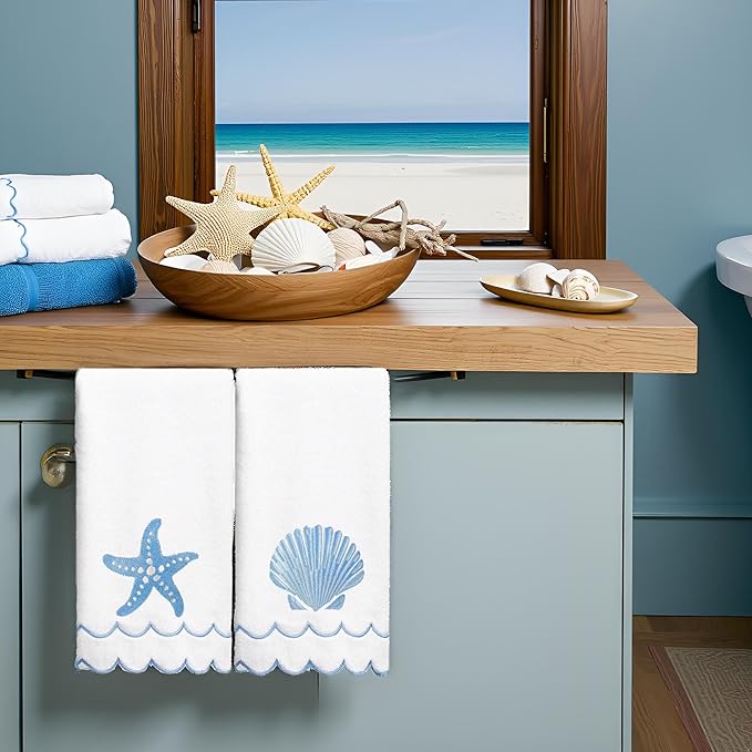 2Pcs Coastal Scalloped Hand Towels Light Blue Scallop Embroidered Dish Towel 100% Cotton Cute Decorative Ocean Bath Hand Towel for Kitchen Bathroom(Coastal Blue)