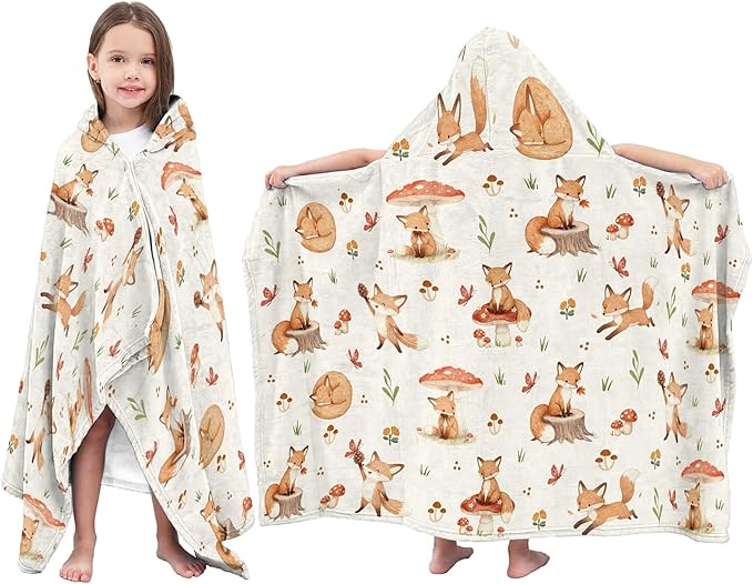 Hooded Towel for Kids, Cute Orange Fox Design Poncho Blanket for Toddlers 30" x 50", Soft Flannel Wearable Blanket for Pool, Beach, and Swim, Christmas Birthday Gifts for Boys and Girls
