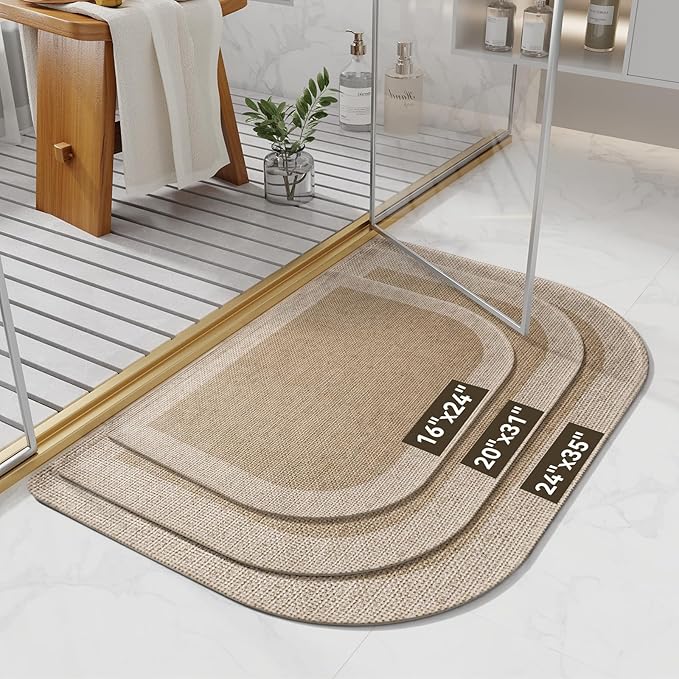 Half Circle Bath Mat, Non Slip Bath Mat, Thin Bathroom Rugs Fit Under Door Quick Dry Absorbent Washable Bathroom Mat with Rubber Backing, Brown Beige 16x24