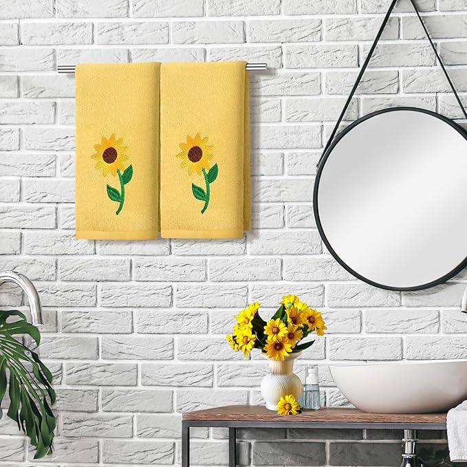 2 Pcs Sunflowers Hand Towels Bright Yellow Bathroom Decor 14x29 Inch Embroidered 100% Cotton Soft Absorbent Spring Summer Decorative Hand Towels for Bathroom Kitchen