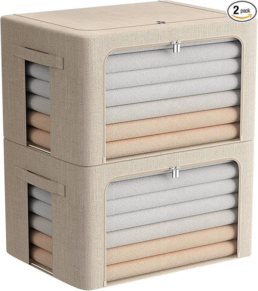 FHSQX 2 Pack Clear Window Storage Bins Foldable Fabric Storage Bins Boxes for Clothes Stackable Box Organizer Set with Carrying Handles (Beige, 22L,15.7x 11.8x 7.8 Inch)