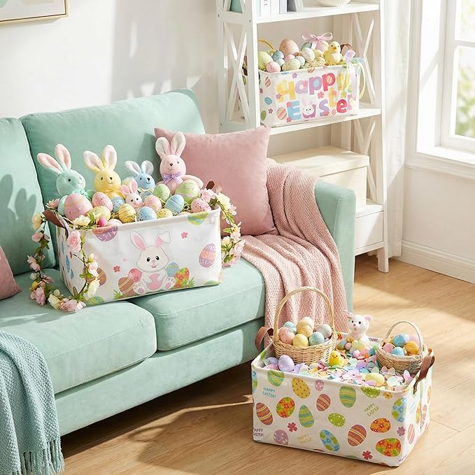 3 Pack Easter Storage Baskets Waterproof Canvas with Leather Handles Bunny Basket Box Collapsible Storage Bins Box for Closet Toys Clothes Room Decor Gift Basket