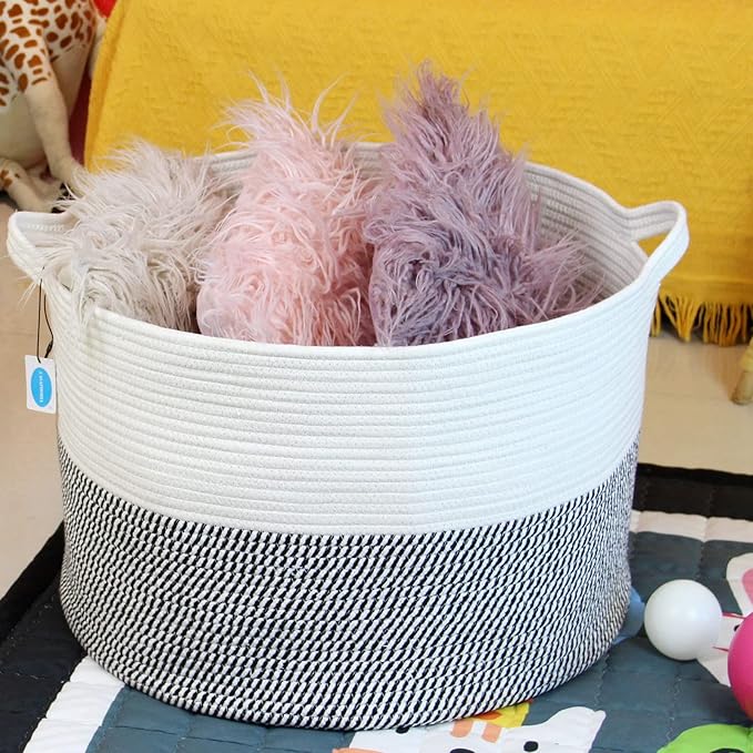 Casaphoria XXXLarge Cotton Rope Basket for Living Room - Woven Storage Basket with Handle for Blankets, Towels and Pillows Laundry Hamper | White & Grey (21.7" x 21.7" x 13.8")