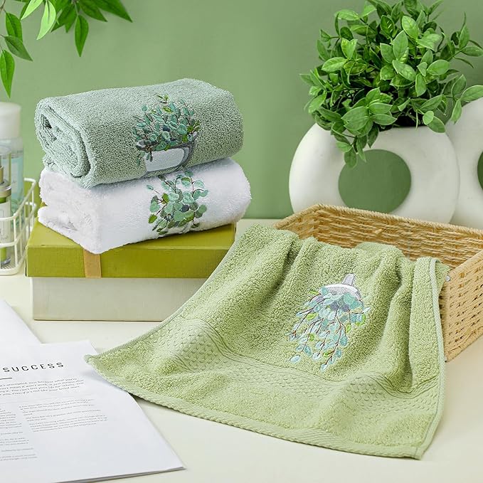3 Pcs Eucalyptus Hand Towels Farmhouse Embroidered Botanical Bathroom Decor 13.3x29.5 Inch Farmhouse 100% Cotton Decorative Green Leaves Hand Towels for Bathroom Kitchen