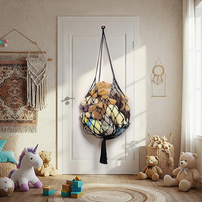 Stuffed Animal Storage Hammock Corner Hanging Net Stuffy Animal Hammock Macrame Toy Display Plush Toy Holder for Kid Bedroom Decor Boho Nursery Playroom Organizer (Black)