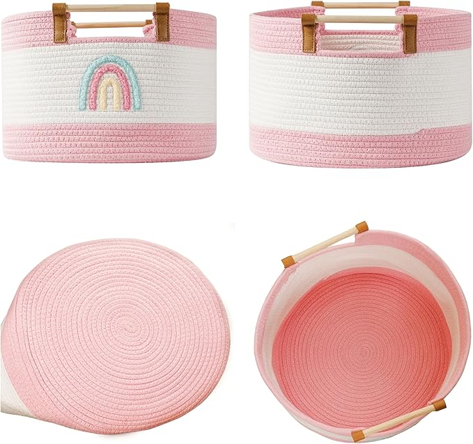 Large Blanket Basket 35L Cotton Rope Basket with Wooden Handles Woven Baskets for Kids Stuffed Animal Toys Storage for Nursery, Laundry Hamper Clothes Baby Hamper Girls Gift Baskets Empty, (Rainbow）