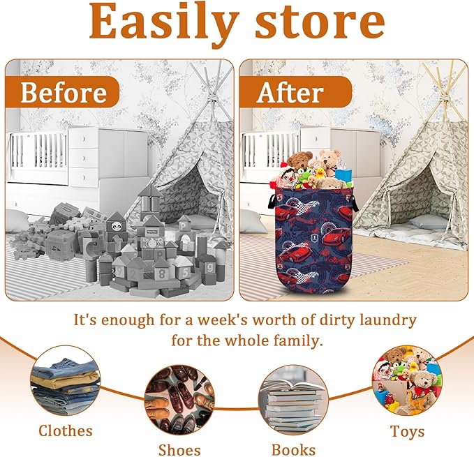 Red Racing Car Laundry Basket with Sturdy Handles, Speed Race Car Collapsible Oxford Cloth Laundry Hamper Organizer Basket for Bathroom Bedroom 15.7x20 Inch
