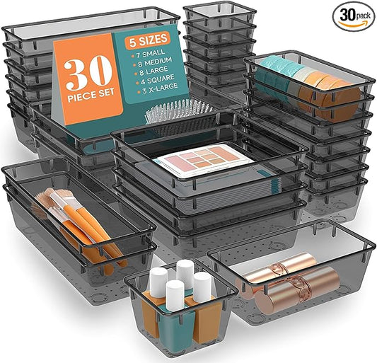 WOWBOX 30 PCS Clear Plastic Drawer Organizer Set, 5 Sizes Desk Drawer Divider Organizers and Storage Bins for Makeup, Jewelry, Gadgets for Kitchen, Bedroom, Bathroom, Office, Black