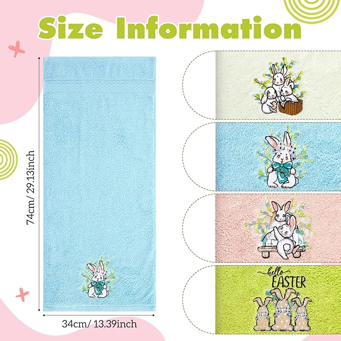 4 PCS Easter Towels Set 29" x 13" Cotton Embroidered Bunny Bathroom Hand Towel Colorful Retro Bunny Rabbit Decorative Soft Hand Towels Absorbent Set for Bunnies Housewarming Gifts