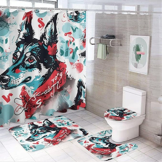4 Piece Bathroom Rug Set with Shower Curtain Dog Pet Graphic Bathroom Shower Curtain Set with Rugs Dog Lovers Gift Bathroom Shower Curtains Sets for Bathtub Decor 72inch X 72inch