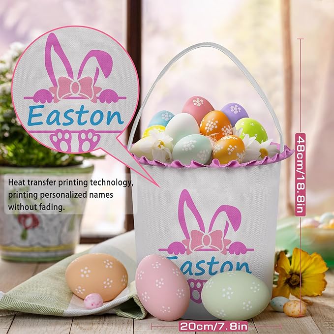 Easter Baskets for Girls Boys, Personalized Easter Basket with Name - Pink Bow Bunny