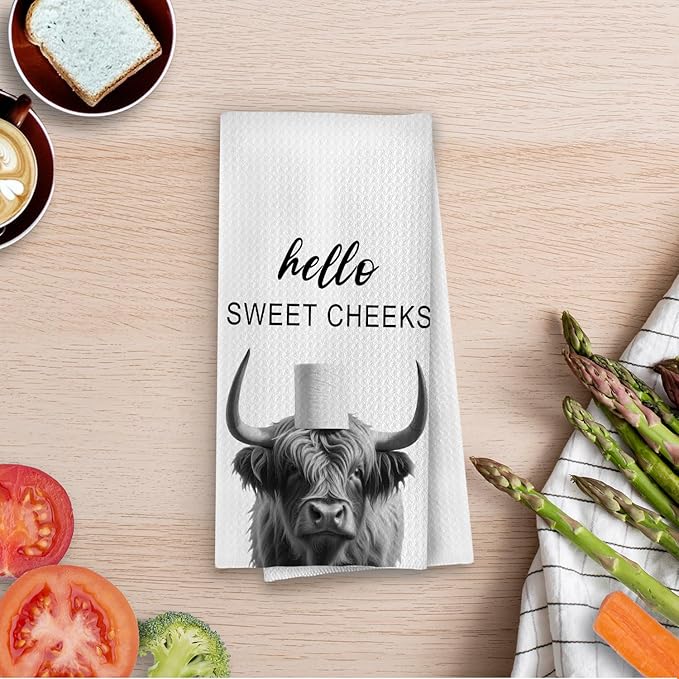 Highland Cow Bathroom Towels - Farmhouse Highland Cow Decorative Waffle Weave Hand Towels, Funny Bathroom Hand Towels, 16×24 Inches