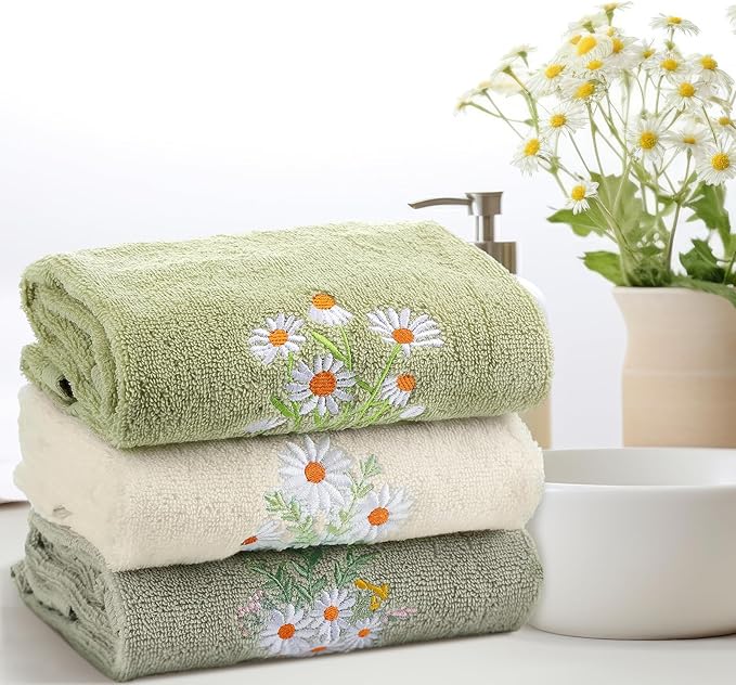 3 Pcs Daisy Floral Hand Towels Daisy Flowers Boho Bathroom Decor 14x29 Inch Cottage Core Embroidered Decorative 100% Cotton Soft Absorbent Hand Towels for Bathroom Kitchen