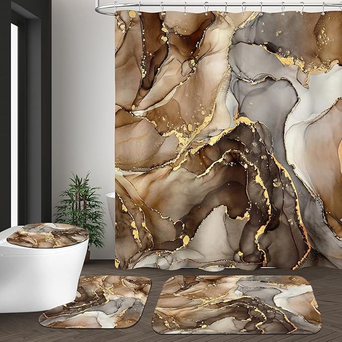 4Pcs Luxury Brwon Marble Pattern Shower Curtain Set with 12 Hooks Non-Slip Rugs,Toilet Lid Cover and Bath Mat, Stylish Bathroom Decor for Hotel & Home Bathroom