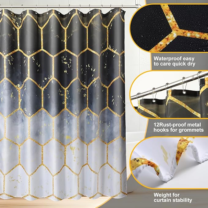 25 Pieces Bathroom Set Black and Gold Bathroom Accessories Set, Shower Curtain and Rugs, Trash Can, Toilet Brush, Soap Dispenser, Soap Dish, Toothbrush Holder, Tumbler, Tray, Qtip Holder