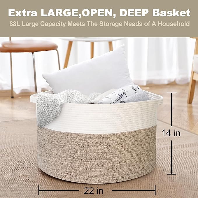 Large Rope Storage Basket, 22" X 22" X 14" Extra Large Woven Baskets for Storage, Cotton Rope Basket for Blankets Toys, Wicker Storage Baskets for Organizing, Wicker Laundry Basket Hamper