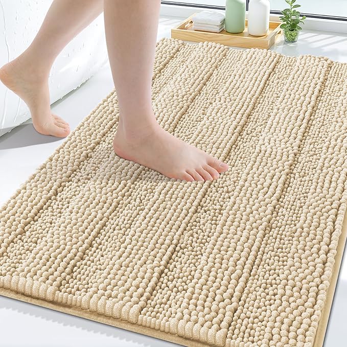 Grandaily Chenille Striped Bathroom Rugs 24x16, Extra Thick and Soft Absorbent Bath Mats, Rubber Backing, Plush Shaggy Shower Carpet, Machine Wash Dry, Bath Rug for Bathroom, Light Beige