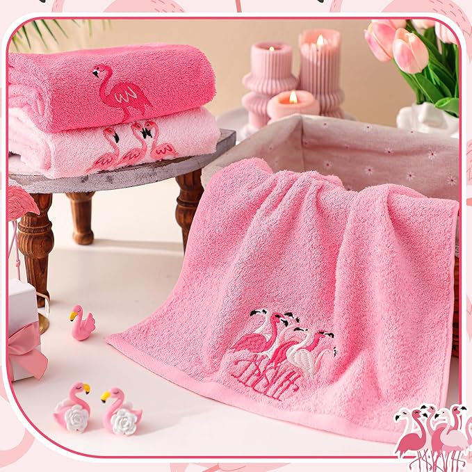 3 Pack Pink Flamingo Hand Towels for Bathroom 100% Cotton Embroidered Beach Bathroom Towels 13.78 x 29.53 Inch Soft Absorbent (Pink, Flamingo)