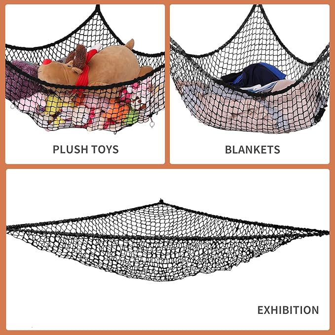 Stuffed Animal Hammock, Toy Hammock Storage Net, LXUNYI Mesh Toy Net Holder Jumbo Wall Corner Giant Baby Kids Children Stuff animals Hammocks Net Organizer for Bedroom (Black, 84 inch)