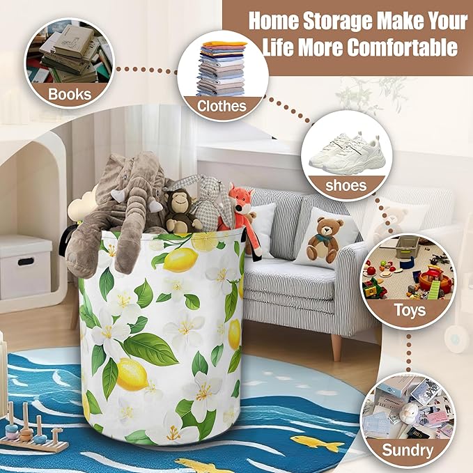 Lemon Fruits Laundry Hamper,Flowers Leaves Laundry Baskets,Waterproof Oxford Cloth Toy Storage for Bedroom,Bathroom,Nursery,16x20.8 Inch
