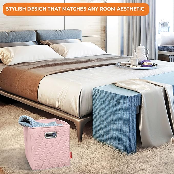 FH Group JIAessentials 11" Faux Leather Foldable Storage Cube Bins Set of 2 – Pink Diamond Patterned Organizers with Handles for Closet & Shelves