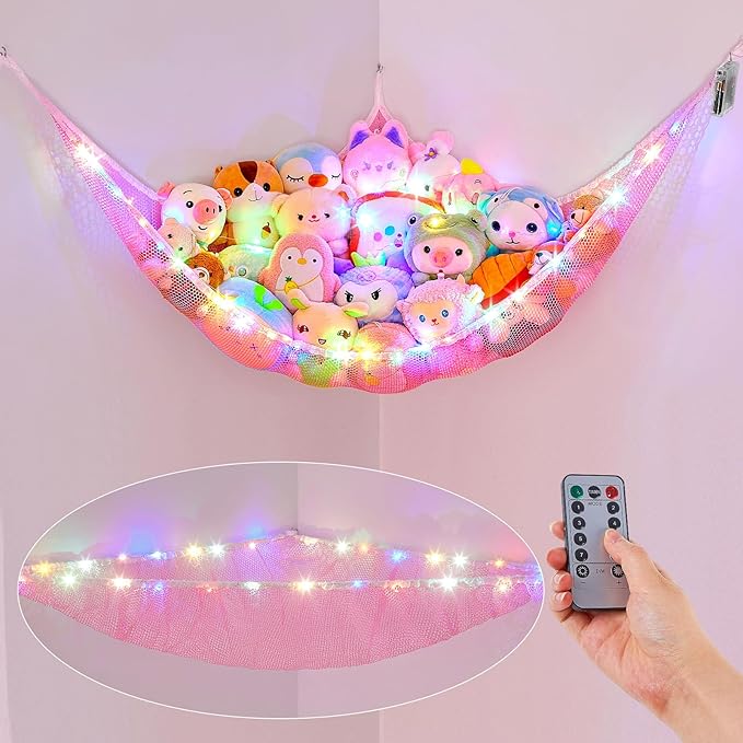 Basumee Stuffed Animals Net or Hammock with LED Light Hanging Toy Net Hammock for Stuffed Animals Storage Stuff Animals Hammocks for Nursery Room with Remote Control, 8 Kinds of Lights(Pack of 1)