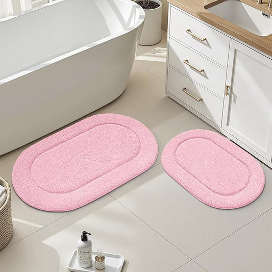 HOMEIDEAS Bathroom Rugs Sets 2 Piece, Soft Bathroom Mats and Absorbent Microfiber Machine Washable Bath Mats for Shower Room, Bathtub, Kitchen (20" x 32" + 16" x 24", Pink)