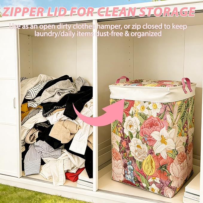 120L Extra Large Laundry Basket with Lid & Handles, Cottagecore Flower Collapsible Laundry Hamper, Waterproof Oxford Cloth Storage Basket for Laundry Room Organization