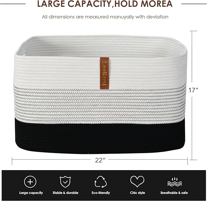 Large Blanket Basket - 22"x17"x12" Rectangular Woven Storage Basket with Handles for Nursery, Living Room, and Toys - 100% Cotton Rope, Safe for Kids and Pets(Black)