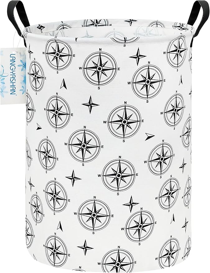 LANGYASHAN Laundry Basket Canvas Fabric Collapsible Organizer Basket for Storage Bin Toy Bins Gift Baskets Bedroom Clothes Children Nursery Hamper (Black Compass)