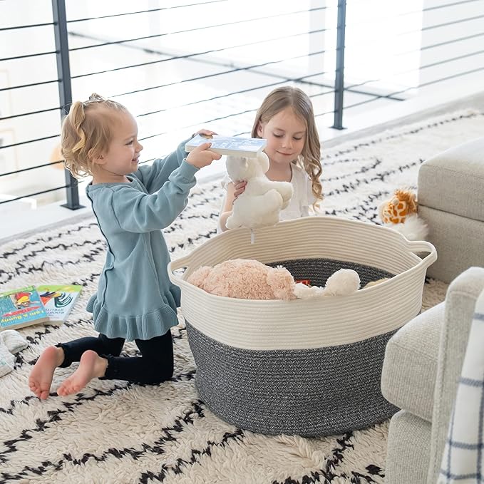 Little Hippo XXL Cotton Rope Basket, 100% Natural! Large Baby Gift Basket, White & Dark Gray
