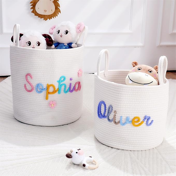 JUPPE Custom Baby Shower Basket, Personzlized Basket with Baby Name, Baby Boy Girl Storage Organizer Cotton Rope Nursery Decor Newborn Gift (XL Basket)