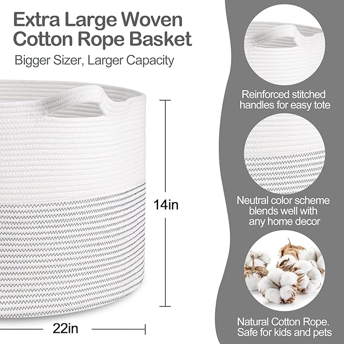 XXXL Large Cotton Rope Blanket Basket for Living Room, Woven Rope Storage Baskets for Organizing, Nursery Kids Toy Baskets Storage Bin Organizer, Baby Laundry Basket Hamper, Decor Basket, 88L