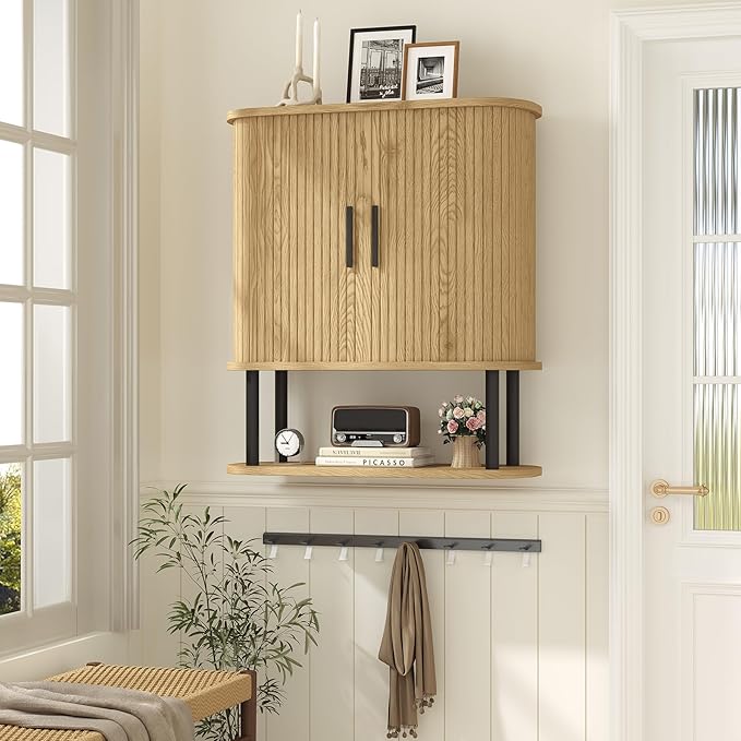 Bathroom Wall Cabinet, Over The Toilet Cabinet with Sliding Doors and Adjustable Shelf, Space Saver, Wall Mounted Medicine Cabinet for Laundry Room & Kitchen & Living Room, Natural