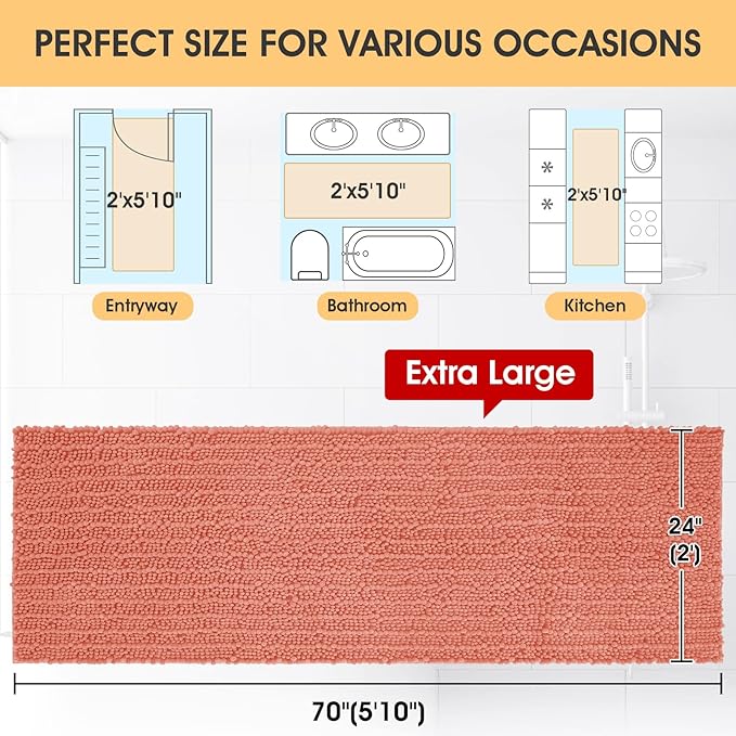 ACCUMTEK Extra Long Upgrade Luxury Coral Bathroom Rug Mat 70"x24", Ultra Soft Thick Absorbent Bath Mats, Non Slip Chenille Toilet Mat for Bathroom, Bedroom, Kitchen, Shower, Tub