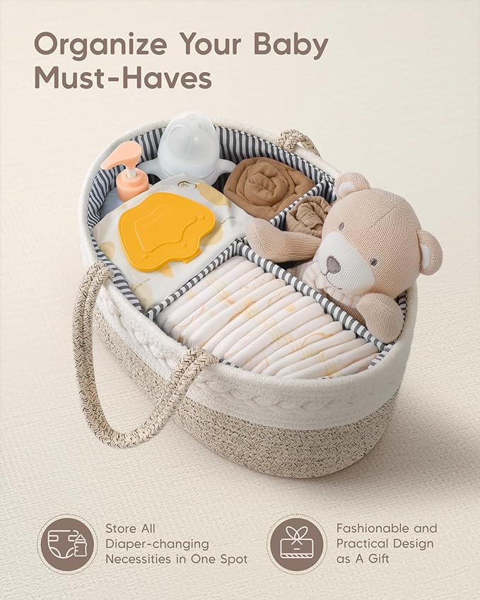 Maliton Extra Large Diaper Caddy Organizer, Cotton Rope Nursery Basket, Portable Organizer for Changing Table, Car, Diaper Storage for Baby Stuff for Newborn