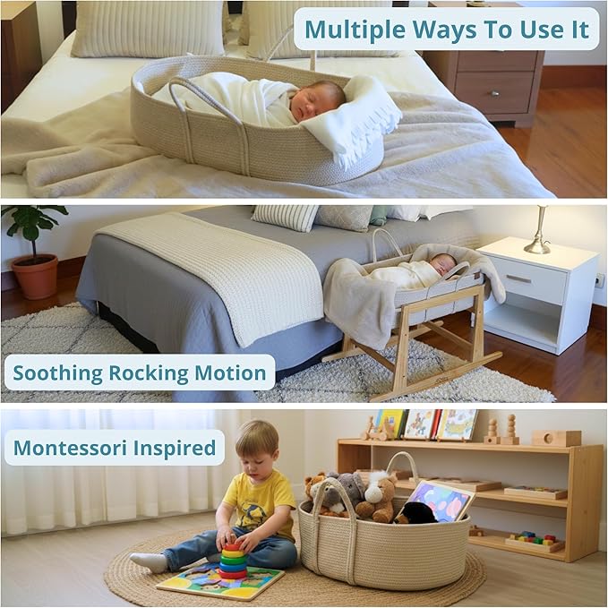 Milo & Nook Baby Changing Basket with Pad & Moses Basket Stand – Soft Cotton Nursery Basket, Waterproof Pad & Removable Washable Cover, Complete Changing Station for Newborn