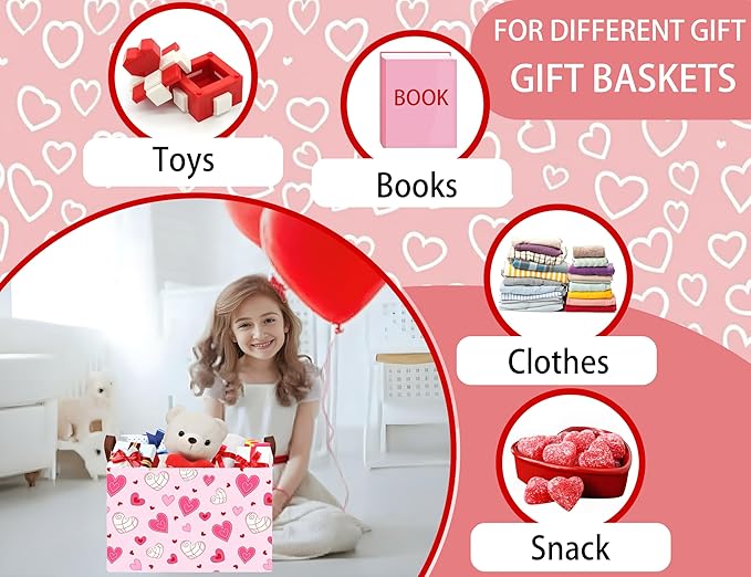 Large Valentine's Day Basket Heart Shaped Storage Bin for Gifts Collapsible Organizer Room Decor (Pink Bottom Lines White Love)