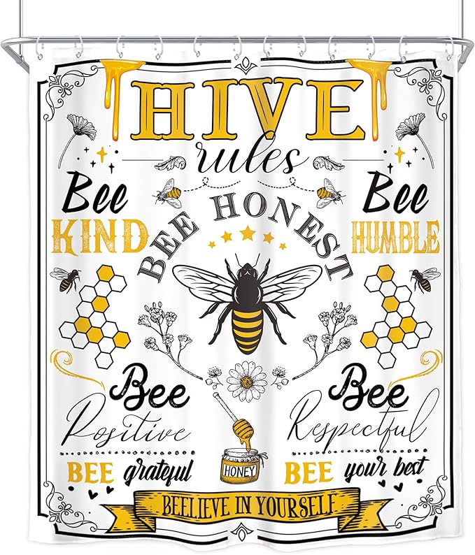 Homewelle Black Yellow Bee Words Shower Curtain Inspirational Quotes Motivationa Rustic Retro Floral Flower Plant Honeycomb 60Wx72H Inch Aesthetic Vintage Waterproof Polyester Fabric Bathroom Bathtub