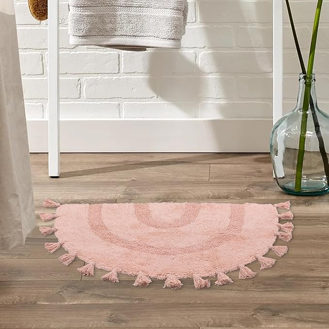 Half Circle Boho Bathroom Rugs with Tassels 100% Cotton Hand-Woven Bath Mat Non Slip Absorbent Bath Rugs with Rug Pad Washable Boho Bath Mat Carpet for Tub, Shower 20"x32",Pink