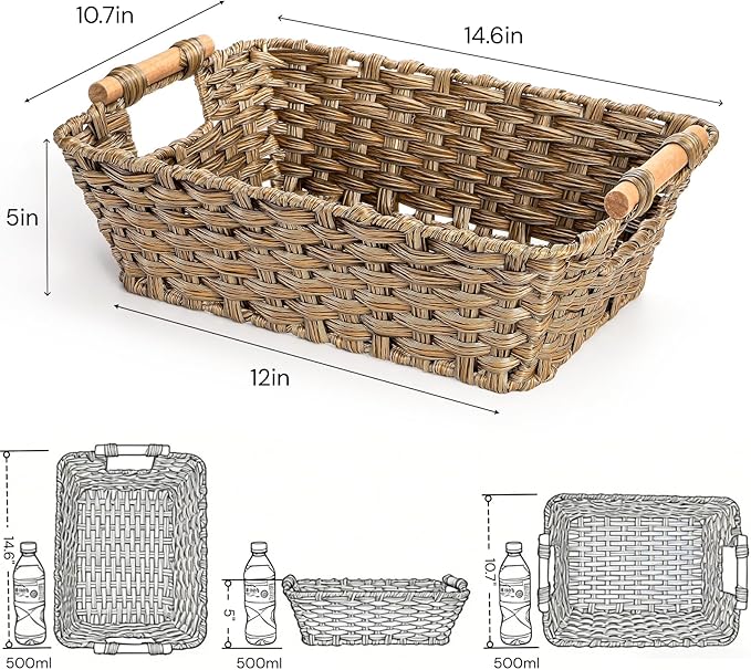 2 Pack Brown Wicker Storage Basket, Metal Frame Hand Woven Organizer Bin with Handle, 14.6" L x 10.7" W x 5" H Waterproof Rattan Laundry Organizer Totes for Pantry, Living Room, Bathroom
