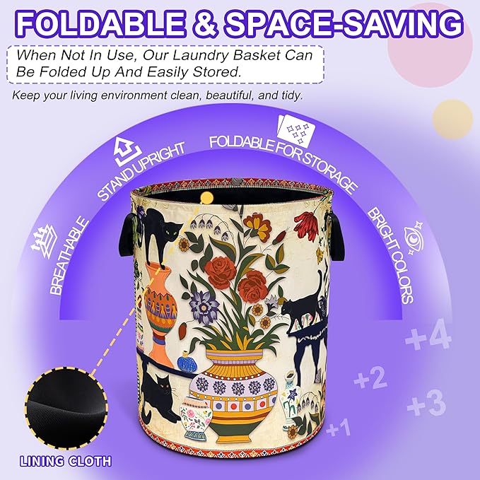 Black Cat Flowers Laundry Basket Floral Vase Art Oxford Cloth Laundry Hamper Funny With Handle Foldable Portable Clothes Storage Basket 18.9 X 16.5 In Storage Bag For Laundry Room/Bathroom/Bedroom