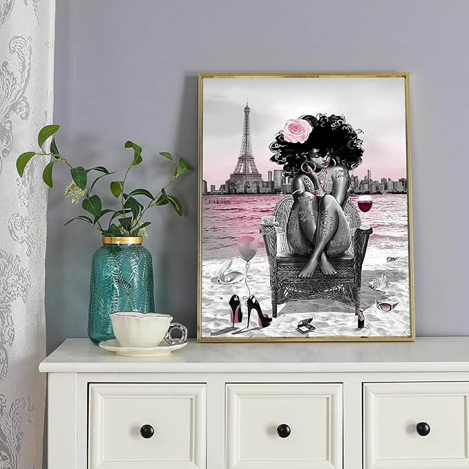 5Pcs Girly Shower Curtain Set with Rugs and Wall Painting, Pink and Black African American Shower Curtain Set, Parisian Style Modern Wall Decor, Bathroom Accessory Set
