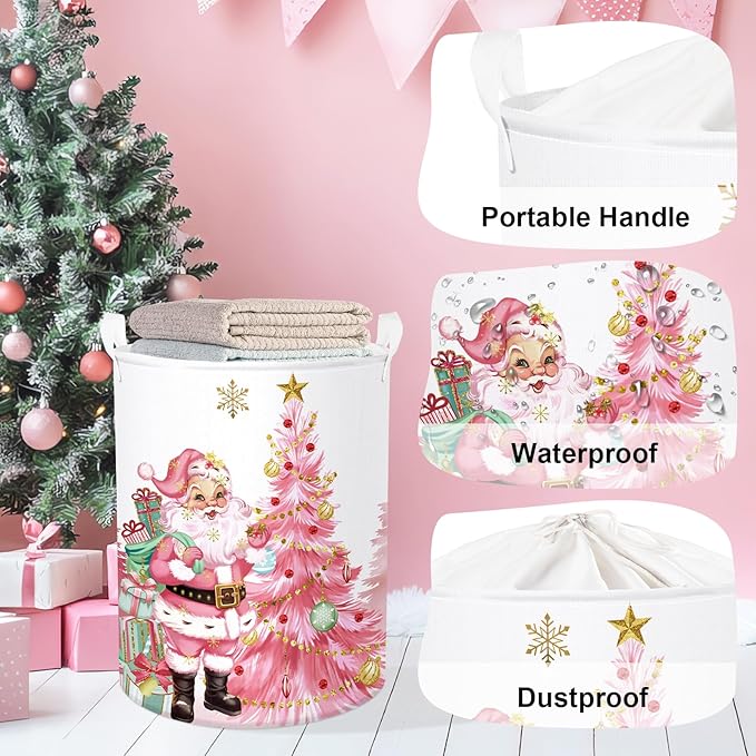 Pink Santa Claus Baby Laundry Hamper Christmas Clothes Kids Storage Basket Large Poinsettia Reindeer Sleigh Snowflake Girls Gift Toy Box Bin, Tree, 63L