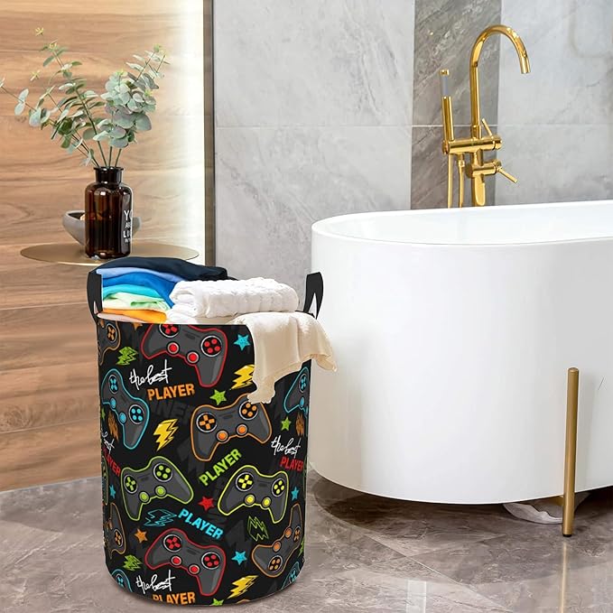 Game Controller Collapsible Laundry Basket,Player Gamepad Bedroom Waterproof Laundry Hamper,Bathroom Large Storage Bag,College Dormitory Living Room Nursery Organizer Toy Bin 16" x 20"